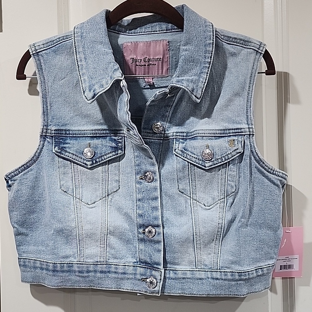 Juicy Couture Denim Cropped Vest With Stone, Light Wash, L NWT Y2K - Picture 4 of 8